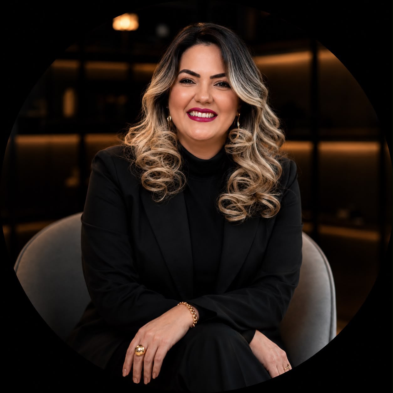 Aura Maria Abrão, psicanalista clínica e mentora, em retrato editorial com luz dramática