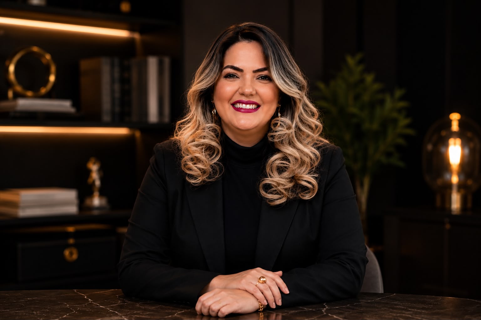 Aura Maria Abrão em seu espaço de trabalho, entre livros e luz quente